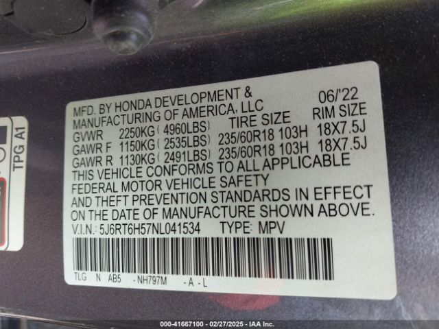 5J6RT6H57NL041534 Honda Cr-v Hybrid Ex