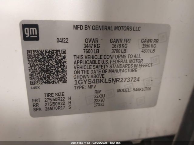 1GYS4BKL5NR273724 Cadillac Escalade 4wd Premium Luxury