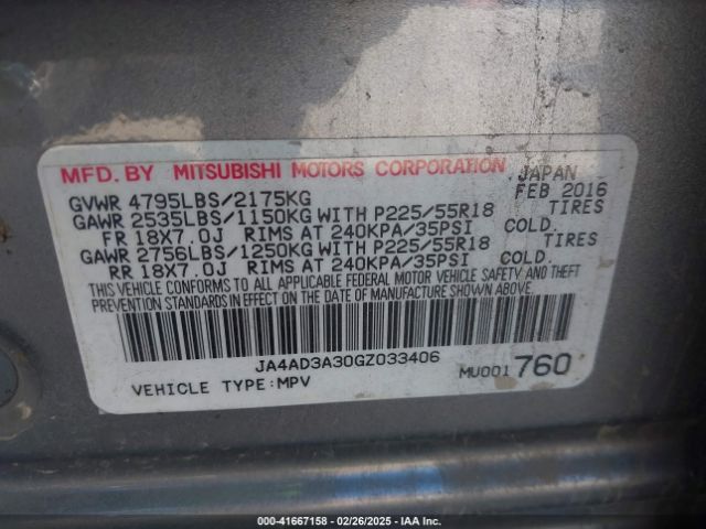 2016 MITSUBISHI OUTLANDER JA4AD3A30GZ033406 Photo 8