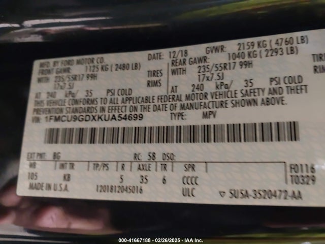 1FMCU9GDXKUA54699 Ford ESCAPE SE