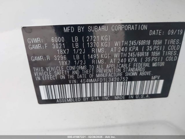 4S4WMAFD1L3420752 Subaru Ascent Premium