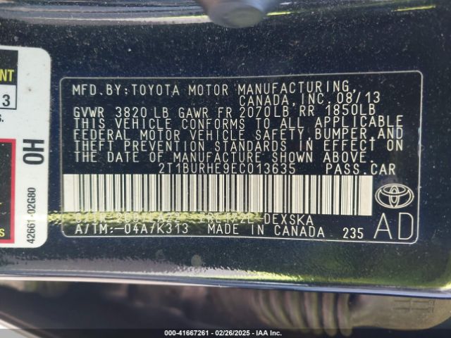 2T1BURHE9EC013635 Toyota Corolla L/le/le Pls/prm/s/s Pls