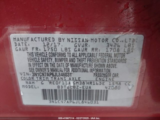 3N1CN7AP6JL846031 Nissan Versa 1.6 Sv