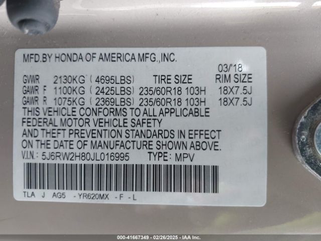5J6RW2H80JL016995 Honda CR-V