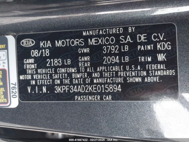 3KPF34AD2KE015894 KIA FORTE S