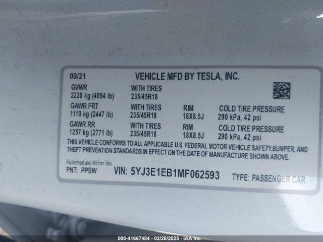 5YJ3E1EB1MF062593 Tesla Model 3 Long Range Dual Motor All-wheel Drive