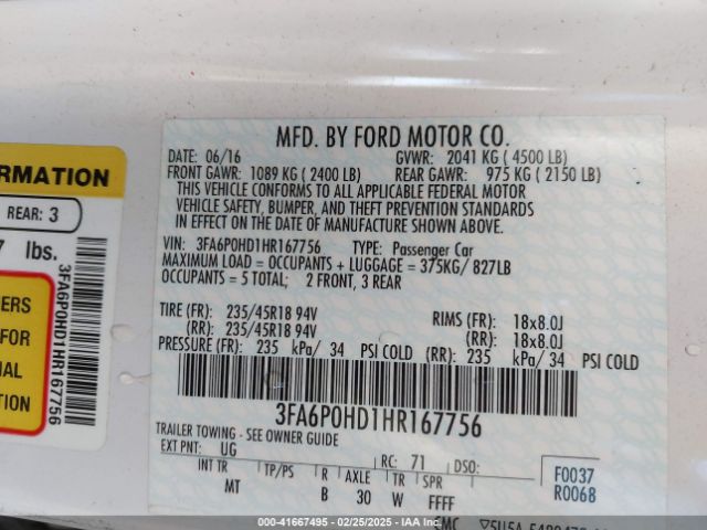 3FA6P0HD1HR167756 Ford FUSION SE