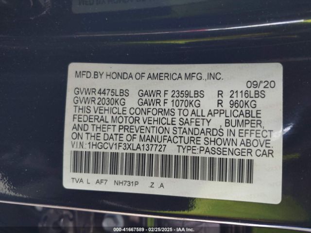 1HGCV1F3XLA137727 Honda Accord Sport