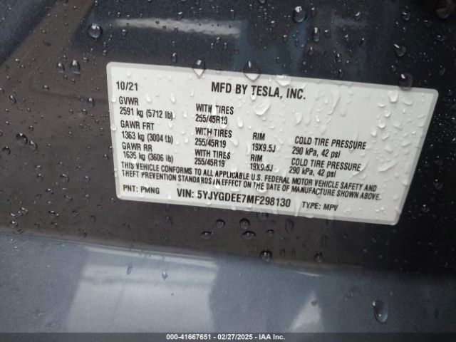 2021 TESLA MODEL Y 5YJYGDEE7MF298130 Photo 8