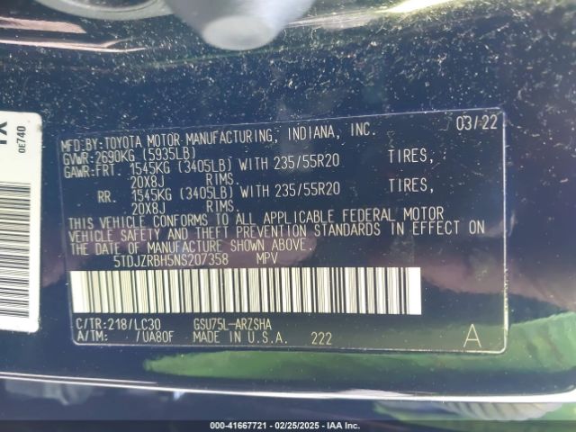 5TDJZRBH5NS207358 Toyota Highlander Xse