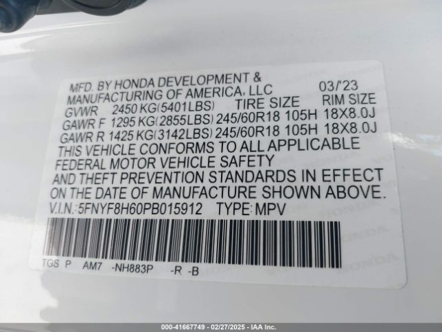 5FNYF8H60PB015912 Honda Passport Awd Trailsport