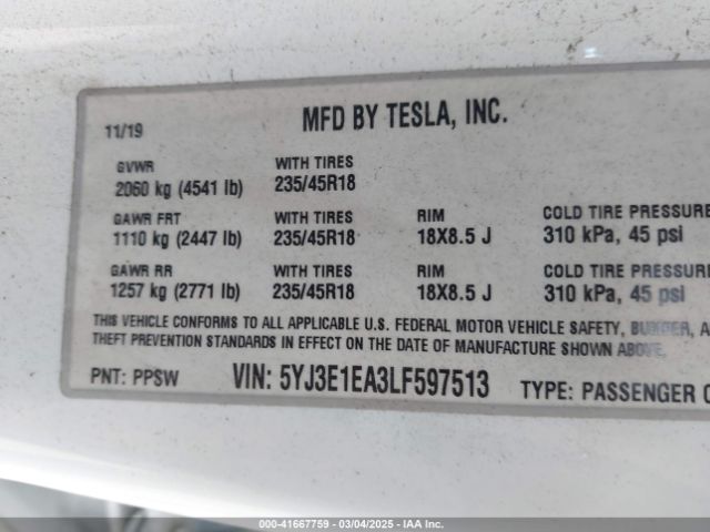 5YJ3E1EA3LF597513 Tesla Model 3 Standard Range Plus Rear-wheel Drive/standard Range Rear-wheel Drive