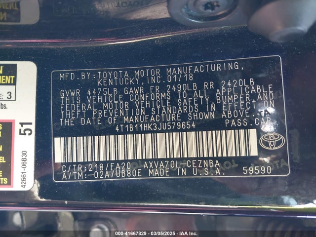 4T1B11HK3JU579654 Toyota CAMRY LE
