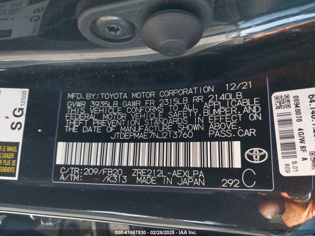 JTDEPMAE7NJ213760 Toyota COROLLA LE