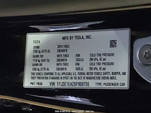 5YJ3E1EA2SF909755 Tesla Model 3 Long Range Rear-wheel Drive