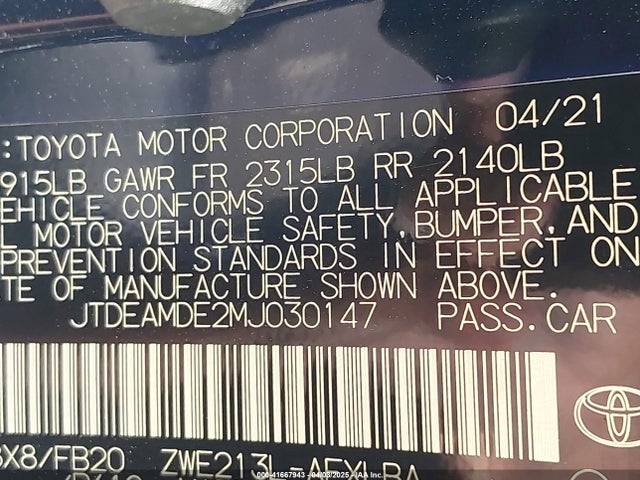 Toyota Corolla Hybrid Le 2021 JTDEAMDE2MJ030147 Image 9