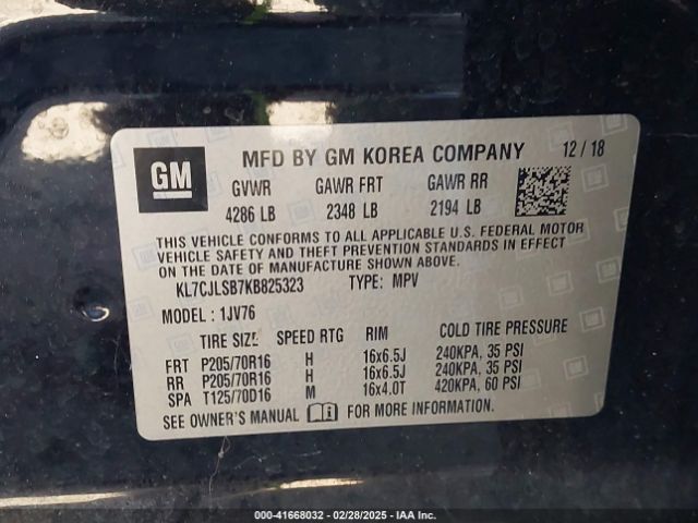 KL7CJLSB7KB825323 Chevrolet Trax Lt