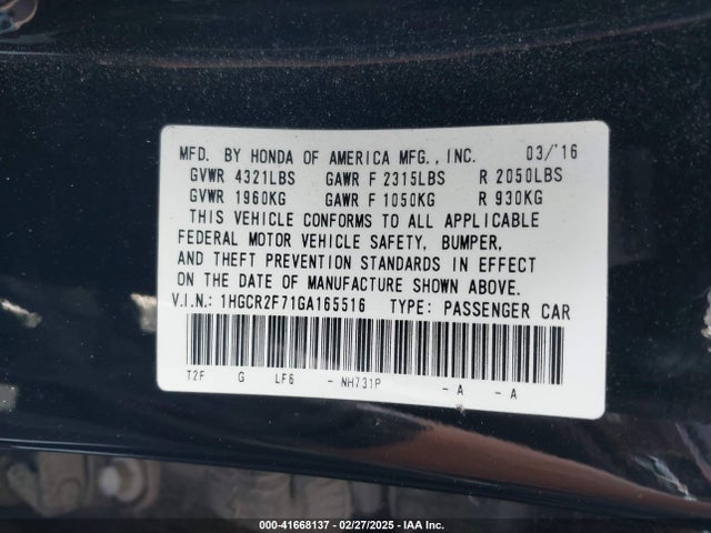 Honda ACCORD EX 2016 1HGCR2F71GA165516 Image 9