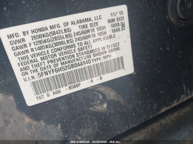 5FNYF6H52GB044940 Honda Pilot Ex-l