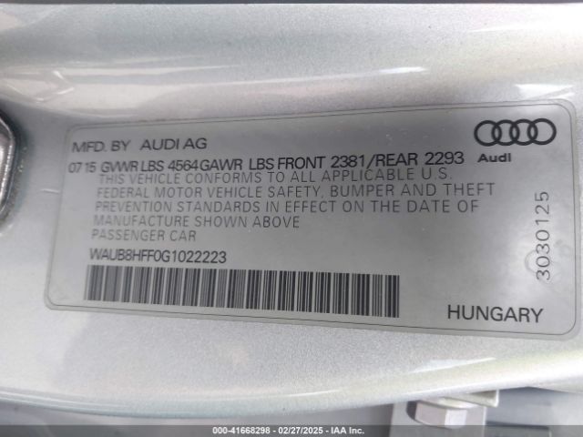 WAUB8HFF0G1022223 Audi A3 2.0t Premium