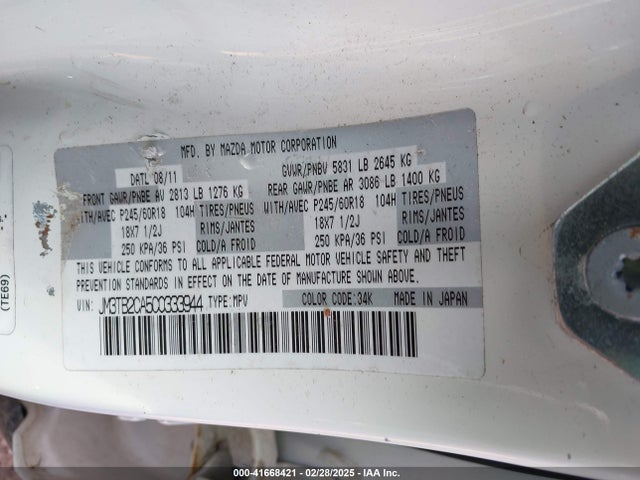 41668421 :رقم المزاد ، JM3TB2CA5C0333944 vin ، 2012 Mazda Cx-9 Touring مزاد بيع