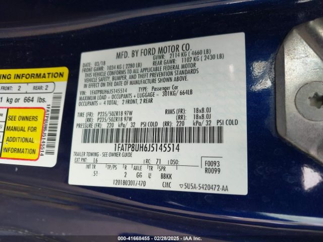 1FATP8UH6J5145514 Ford Mustang Ecoboost Premium