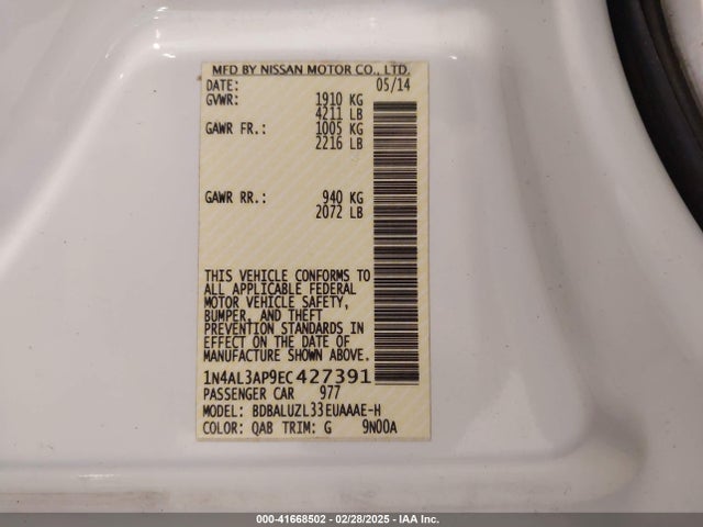 1N4AL3AP9EC427391 Nissan Altima 2.5 Sv