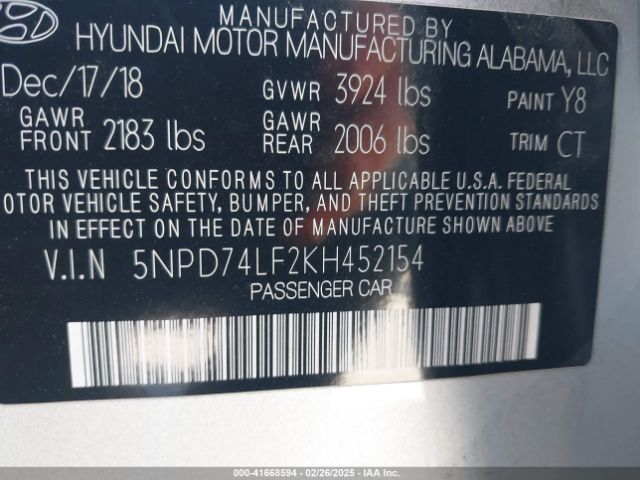 5NPD74LF2KH452154 Hyundai ELANTRA SE