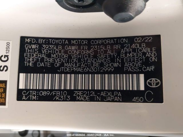 JTDEPMAE6N3012999 Toyota COROLLA LE