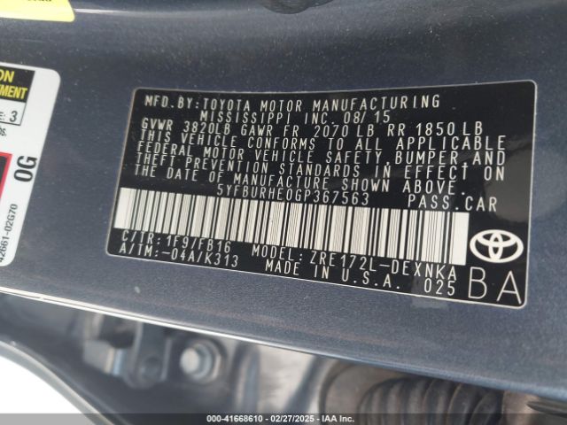 5YFBURHE0GP367563 Toyota Corolla Le Plus