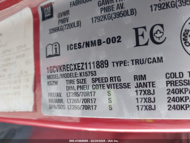 1GCVKRECXEZ111889 Chevrolet Silverado 1500 2lt/lt