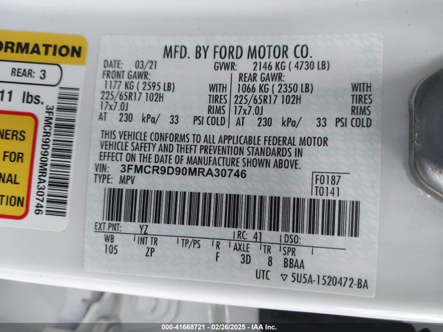 3FMCR9D90MRA30746 Ford Bronco Sport Badlands