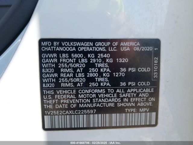 1V25E2CAXLC225597 Volkswagen Atlas Cross Sport 3.6l V6 Se W/technology/3.6l V6 Se W/technology R-line