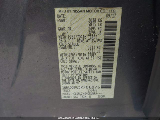 1N6AD0EV2JN706076 Nissan Frontier Sv