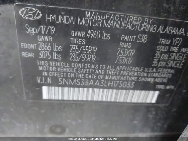 5NMS33AA3LH175033 Hyundai Santa Fe Sel 2.0t