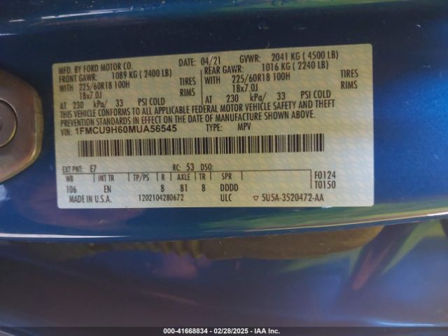 1FMCU9H60MUA56545 Ford ESCAPE SEL