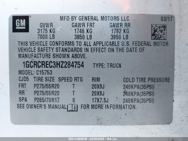 1GCRCREC3HZ284754 Chevrolet Silverado 1500 1lt