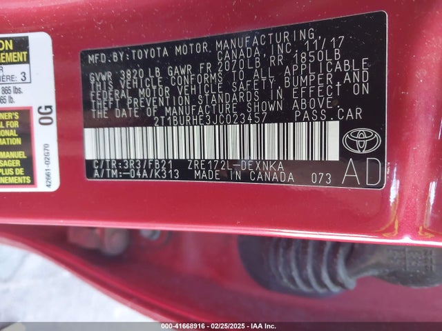 2T1BURHE3JC023457 Toyota COROLLA LE