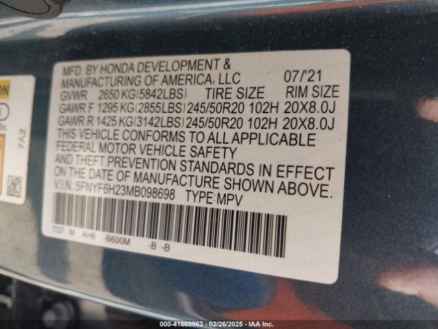 5FNYF6H23MB098698 Honda Pilot Awd Special Edition