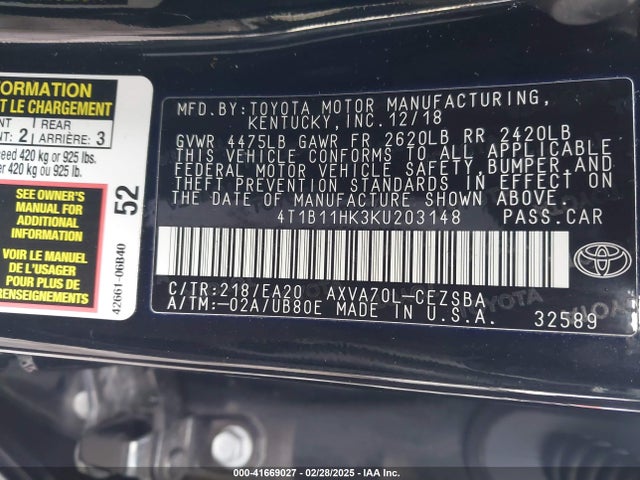 4T1B11HK3KU203148 Toyota CAMRY SE