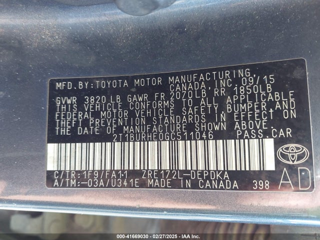 2T1BURHE0GC511046 Toyota COROLLA L