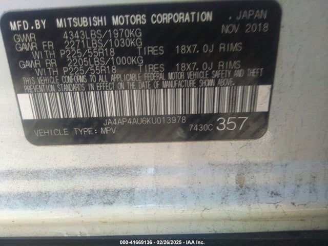JA4AP4AU6KU013978 Mitsubishi Outlander Sport 2.0 Se