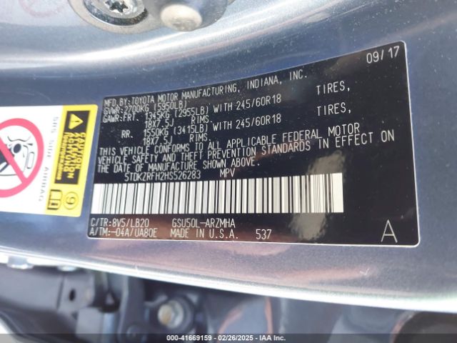 5TDKZRFH2HS526283 Toyota Highlander Xle