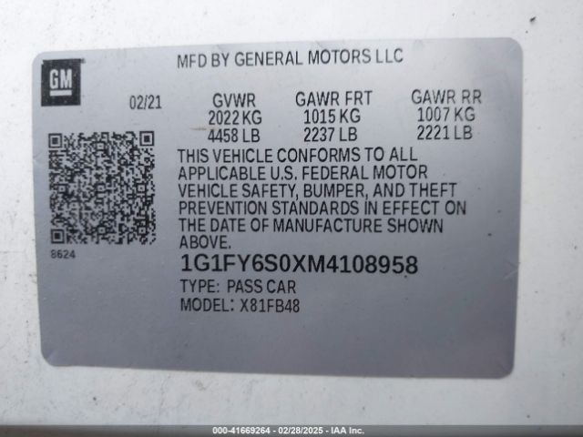 1G1FY6S0XM4108958 Chevrolet Bolt Ev Fwd Lt