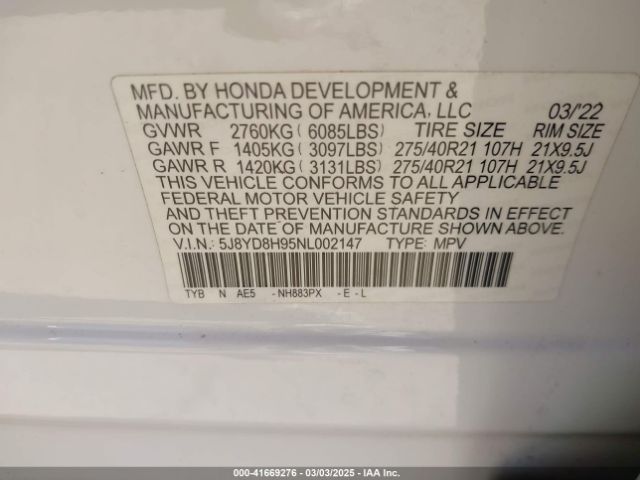 5J8YD8H95NL002147 Acura MDX TYPE S