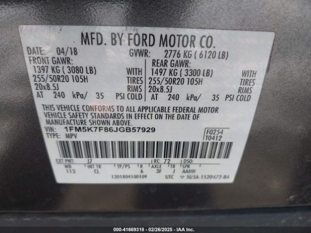1FM5K7F86JGB57929 Ford Explorer Limited