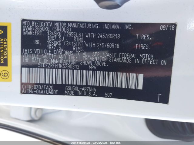 5TDZZRFH1KS290313 Toyota Highlander Le Plus