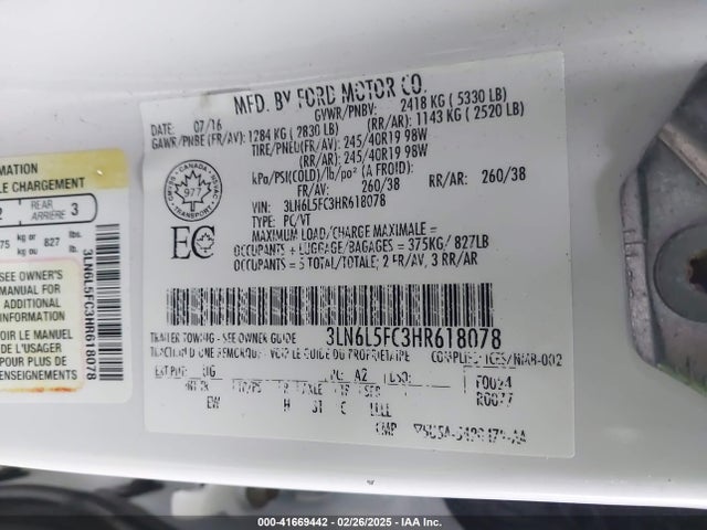 3LN6L5FC3HR618078 Lincoln Mkz Reserve