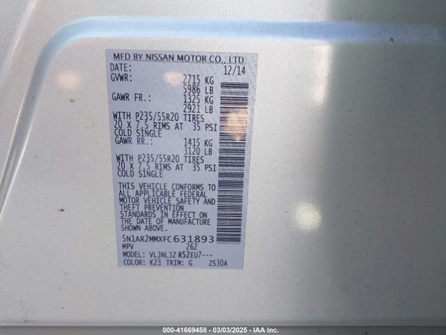 5N1AR2MMXFC631893 Nissan Pathfinder Platinum
