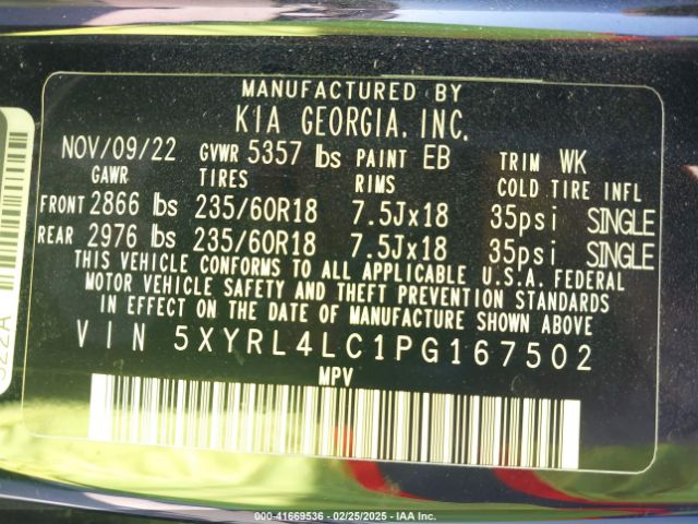 5XYRL4LC1PG167502 KIA SORENTO S